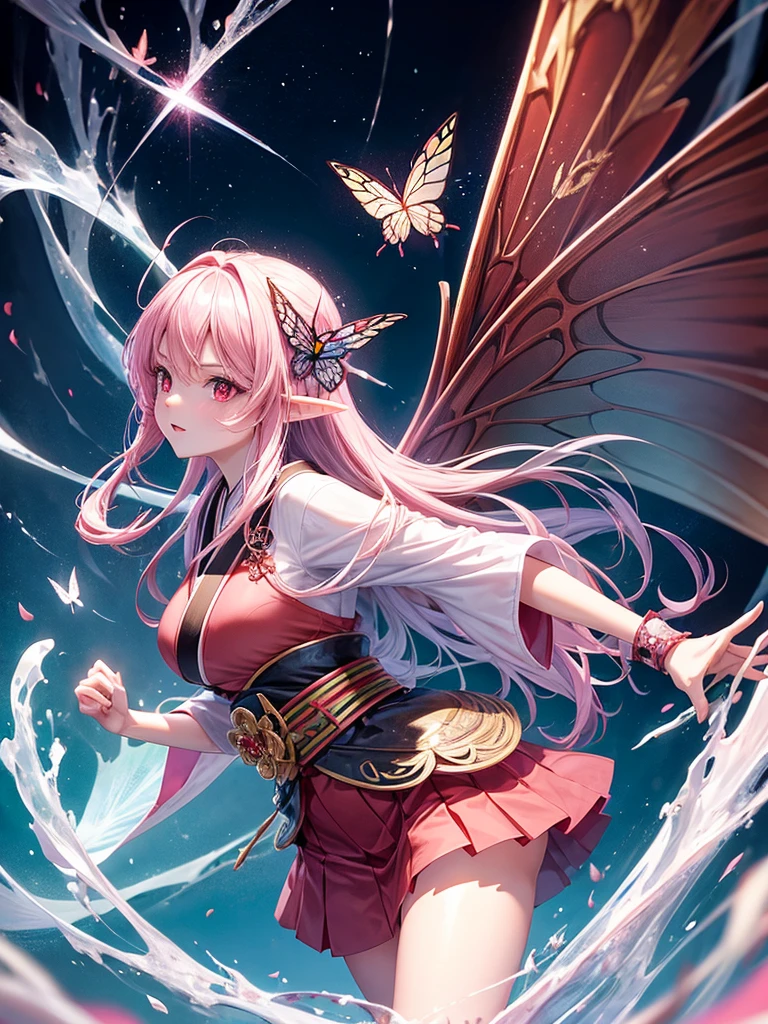 a girl，long pink hair，red eyes，Elf，kimono，Short skirt，Butterfly wings，Sexy，magic circle，combat moves，Ice Magic，ice cube，Rendering，best picture