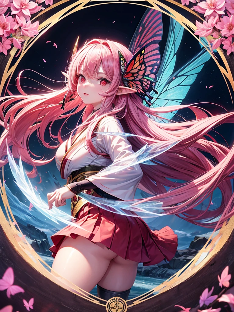 a girl,long pink hair,red eyes,Elf,kimono,Short skirt,Butterfly wings,Sexy,magic circle,combat moves,Ice Magic,ice cube,Rendering,best picture