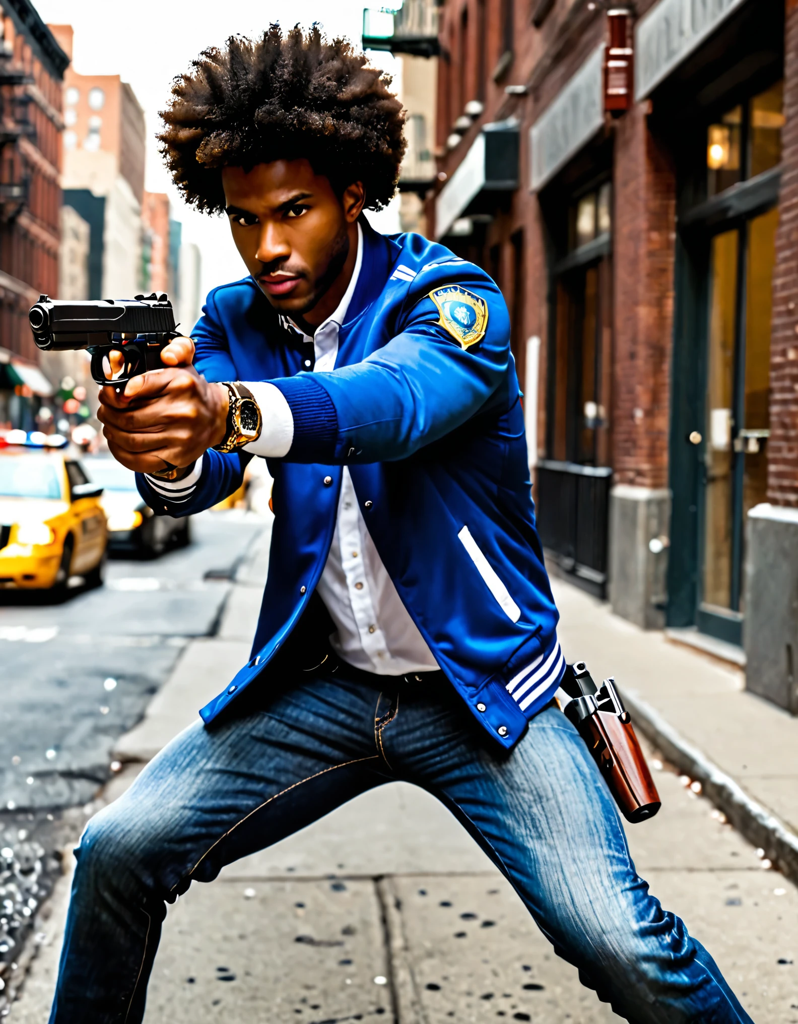 masterpiece, best quality, hires, 1man, solo, solo focus, afro-american, dark-skinned male, new york police detective, dynamic action pose, holding weapon, holding gun, holding one gun with one hand, aiming gun, handgun, shooter, glock17, afro hair, brown hair, medium hair, brown eyes, white street shirt, blue varsity jacket, jeans, white tennis shoes, wristwatch, badge, action scene, looking away