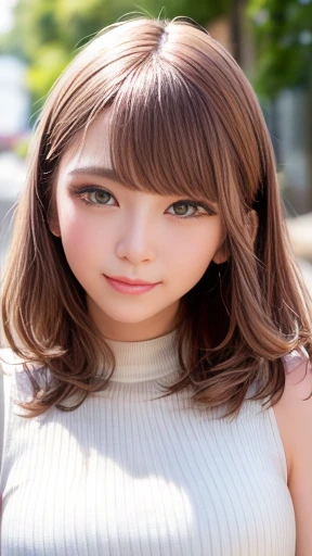 Tabletop, highest quality, Realistic, In detail, High resolution, 8k wallpaper, Perfect dynamic composition, Beautiful details, Medium Hair, Random sexy poses,Chest to chest、(Very Small Mock Neck Crop Tank Top White Knitwear)、Laughter、Open your mouth、Resort scenery、23 years old、(Droopy Eyes 1.4)、Adult Beauty、Japanese,Ample breasts,