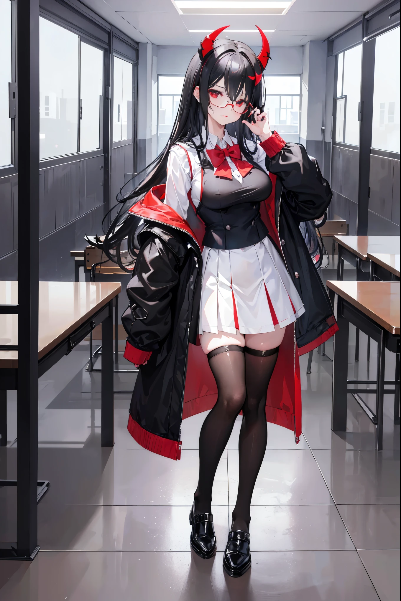"anime girl, 1 person, black hair, shoulder length hair, red eyes, glasses,((with white horns)), female school uniform, adult girl, shirt, short black vest outside, big breasts, long black stockings, leather shoes, lewd face, licking lips, standing cross-legged,((full body,))viewed from different directions, classroom,(full HD 4K+ image)"