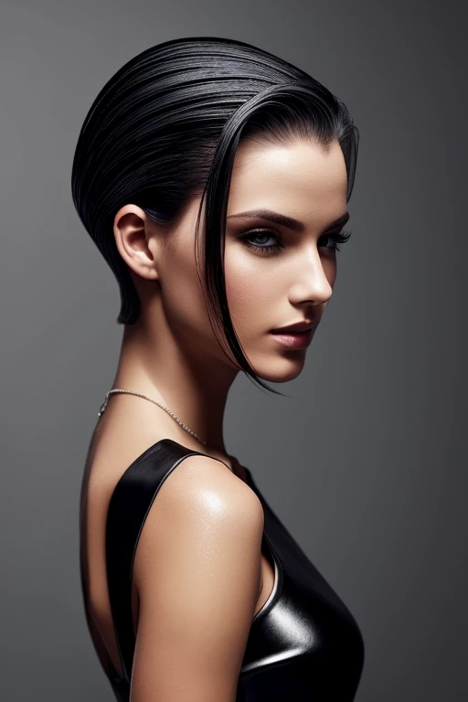 Gorgeous european woman with medium short hair, wet hair, hair slicked back, combed straight back, slick hair, black gradient hair, wearing a cocktail dress, solid dark grey background