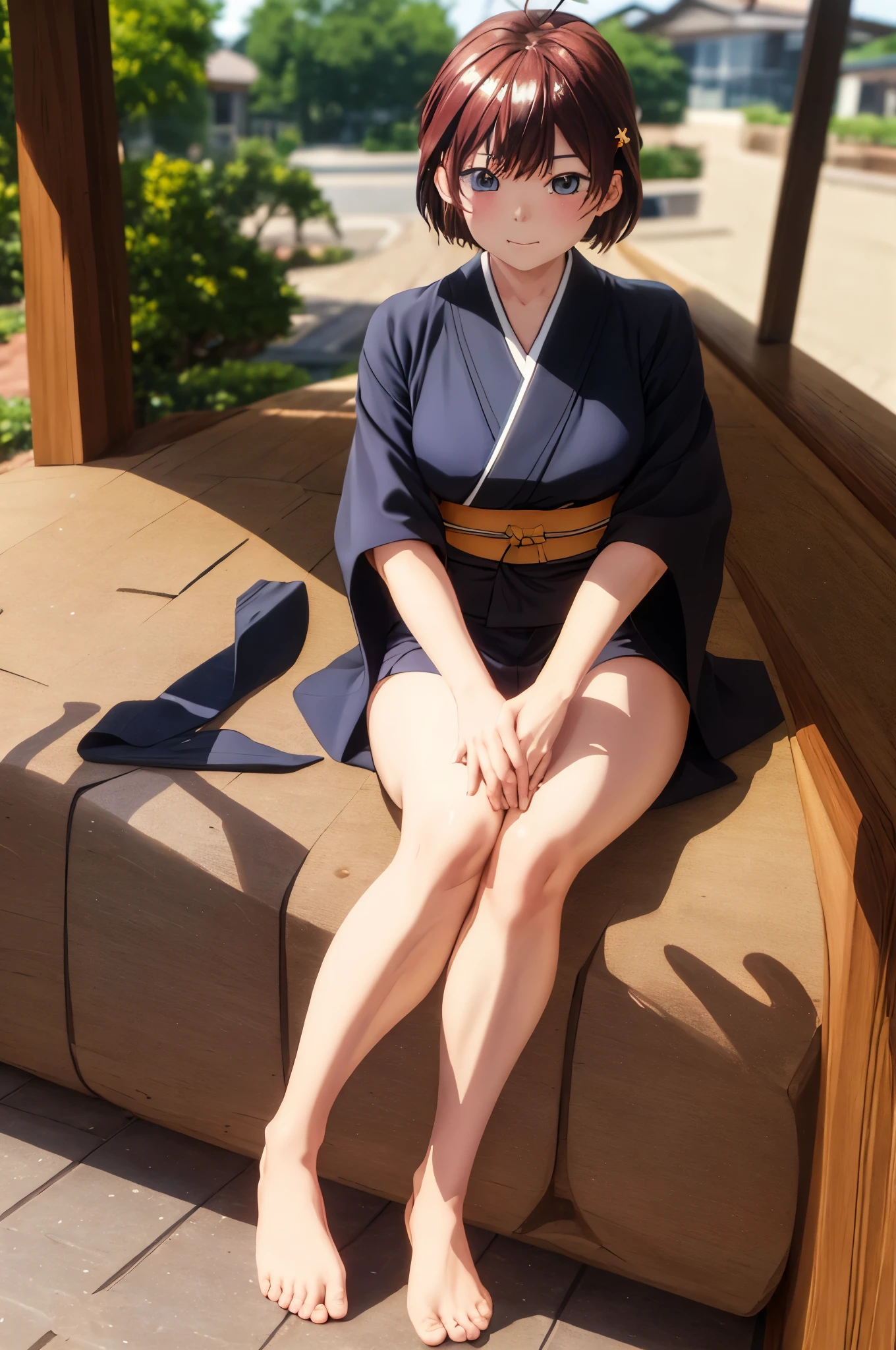 (Masterpiece, Best Quality:1.2), solo, 1girl, Itsuki  ,unamused, closed mouth, looking a viewer, hand on our face, sitting, Short black kimono ,big thighs,crossed legs