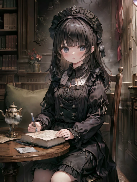 masterpiece, highest quality, Very detailed, 16k, Ultra-high resolution, Cowboy Shot, Detailed face, Perfect Fingers, A -yeld gi black eye, Black Hair, Wavy Hair, Black maid outfit, Luxurious Western-style building, Bookshelf, Table seating, Chair, Tea making facilities, I read a book, Bloodborne