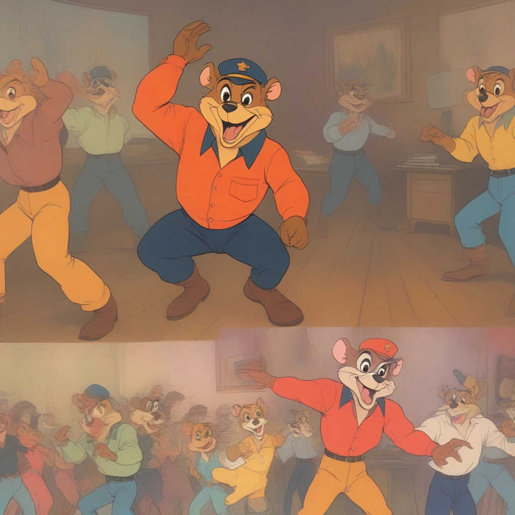 VHS, glitch, distorted, nostalgia, 90's retro vibes, analog tape, vcr aesthetics, tv, television, (Talespin 1990's cartoon homage), comic 1990's, animated tv show screengrab, Talespin cast dancing stanky boogie, cinematic poster, image within image, multiple exposure, massive scale, rich color grading for shading depth, hand drawn rotoscope cartoon realism, chiaroscuro lighting, mixed media, vintage comic, retro original design, 1990's comic, sense of movement energy, taking flight, tropical rot, rewilding, (full roygbiv color) ink charcoal expressive illustration, Talespin aesthetics
