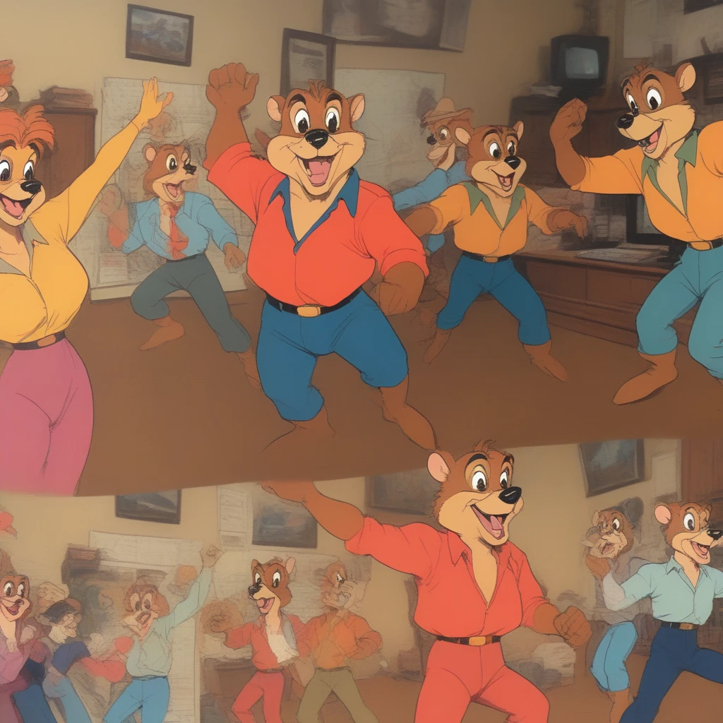 VHS, glitch, distorted, nostalgia, 90's retro vibes, analog tape, vcr aesthetics, tv, television, (Talespin 1990's cartoon homage), comic 1990's, animated tv show screengrab, Talespin cast dancing stanky boogie, cinematic poster, image within image, multiple exposure, massive scale, rich color grading for shading depth, hand drawn rotoscope cartoon realism, chiaroscuro lighting, mixed media, vintage comic, retro original design, 1990's comic, sense of movement energy, taking flight, tropical rot, rewilding, (full roygbiv color) ink charcoal expressive illustration, Talespin aesthetics
