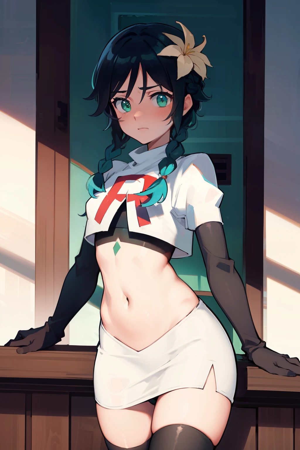 absurdres,venti,1boy, male focus, trap,black hair, green-blue hair, hair braid,hair flower,aqua green eyes,crossdressing,1boy,team rocket,team rocket uniform,white skirt,red letter R,crop top,black thigh-highs,black elbow gloves, cowboy shot,embarrassed, blush