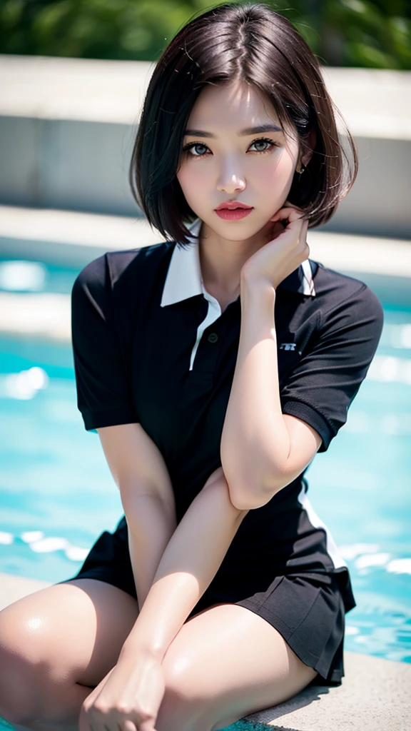 (Realism), (Highest resolution), ((Hyper absurd details of realistic perfectly round brown_eyes:1.3 in hyper absurd quality and resolution)), (light pale complexion), ((Hyper-realistic sharp eyes, clear absurd quality, not blurry)), ((finely detailed pupils:1.4)), (Perfekt makeup:1.35), ((Hyper details symmetrical lips:1.3)), (light glossy pink_lipstick:1.35), ((Ultra detailed realistic long_blue_eyelashes:1.25), Ultra absurd quality), ((perfect dark_eyeshadows:1.45)), (above the knee shot:1.21), (Close your mouth:1.21), (high quality:1.4), (Ultra-realistic), UHD, (masterpiece:1.2)), (Improvement of quality:1.4), (Very beautiful facial details), (best High quality realistic skin texture:1.4), Hyper Photorealistic ((portrait)) a 1. woman, Supermodel, 17 years old, Perfect Anatomy:1.37, Japanese woman, high school girl, Boyish woman, gravure, sexy, (Black shirt:1.21), (Black short-sleeved sports polo shirt:1.6), (Navy Pleated Skirt:1.21), (By the vast summer pool:1.37), Very detailed, (Dark brown eyes), Symmetrical eyes, Thin lashes, Sharpen your eyebrows, (Perfect eyes of the most absurd quality:1.25)、Perfect composition, (tired, Sleepy and satisfied:0.0), (Beautiful Lips:1.33), (Great nose:1.2), (Flat Chest), (Slim lower body), (handsome short hair:1.37), (Black Hair:1.21), Let your bangs hang long, ((Sharp focus)), dramatic cinematographic lighting,