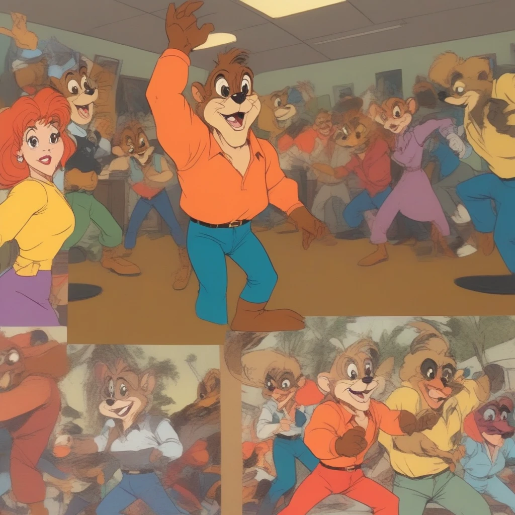 VHS, glitch, distorted, nostalgia, 90's retro vibes, analog tape, vcr aesthetics, tv, television, (Talespin 1990's cartoon homage), comic 1990's, animated tv show screengrab, Talespin cast dancing stanky boogie, cinematic poster, image within image, multiple exposure, massive scale, rich color grading for shading depth, hand drawn rotoscope cartoon realism, chiaroscuro lighting, mixed media, vintage comic, retro original design, 1990's comic, sense of movement energy, taking flight, tropical rot, rewilding, (full roygbiv color) ink charcoal expressive illustration, Talespin aesthetics