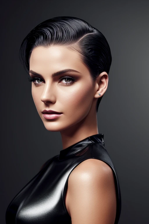 Gorgeous european woman with medium short hair, wet hair, hair slicked back, combed straight back, slick hair, black gradient hair, wearing a cocktail dress, solid dark grey background