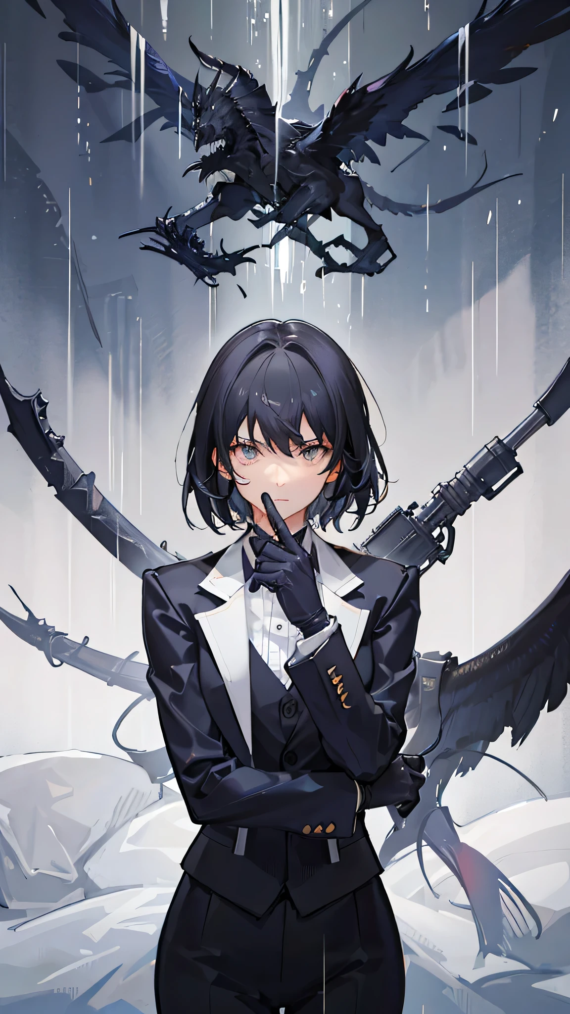 Male in his forties, black hair mixed with gray, short hair, swept back on left side, gray eyes, serious gaze, staring at the viewer, slim but muscular build, wearing a navy blue suit but jacket off, in a room, on a bed, evening, raining outside, looking at the viewer as if peering down from above, overall dark atmosphere, movie-like impression, high resolution,