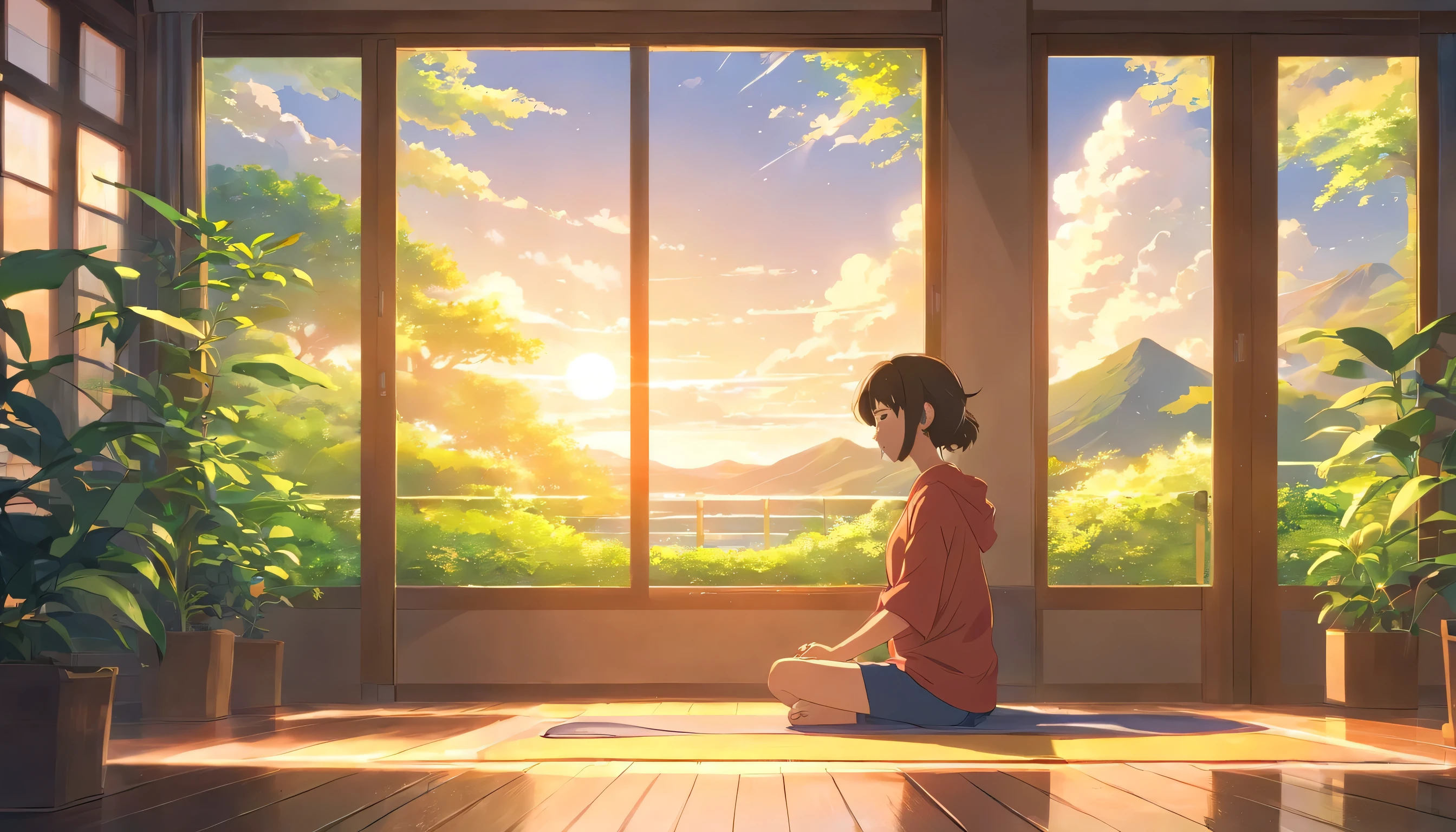  With headphones, To meditation, Opening a window, room, Quiet atmosphere, Soft sunlight, Cozy atmosphere, Relaxing Music, Calm expression, Eyes closed, Comfortable seats, Wooden floor, Floral curtains, Green plants, Natural wind, Calming vibrations, Soft rays of light, Quiet environment, Silence, Harmony, Tranquility, Deep relaxation, Calming colors, Positive Energy, Mindfulness, lucky, introspective, Inner journey, Tranquility, Escape from the outside world