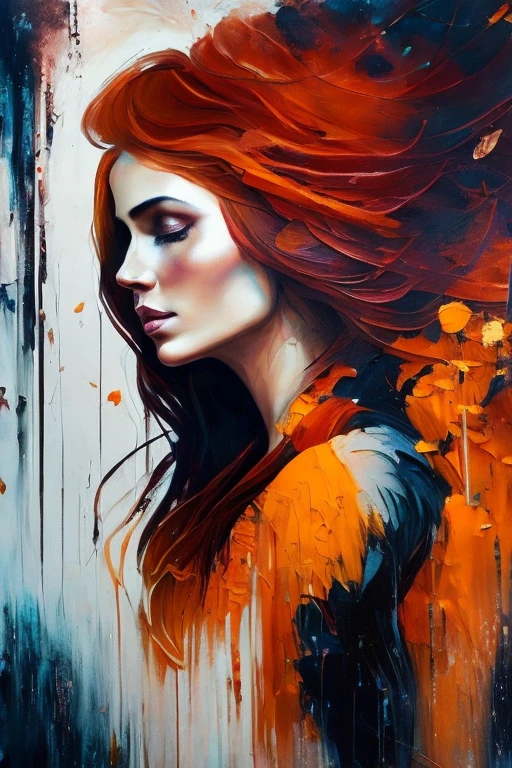 A captivating female figure, adorned with dark auburn hair, is articulately painted in an abstract style, immersed in the muted tones of a dark autumn palette. The canvas appears to be a harmonious blend of various media, with textured brushstrokes that lend a sense of depth and dimension to the figure. As the viewer's gaze lingers upon her, the dark autumn colours shimmer and shift, giving life to the ethereal beauty and sensual allure of the woman. This enchanting piece, completed in the style of abstract expressionism, is a testament to the artist's mastery of conveying emotion through tactile and evoc