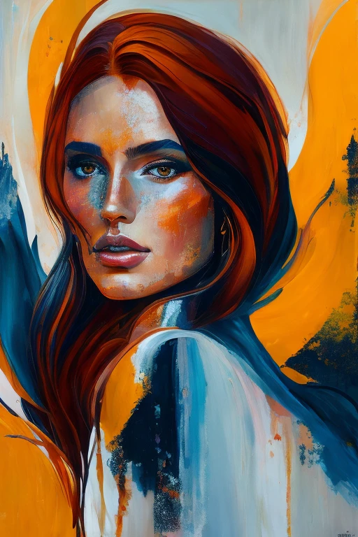A captivating female figure, adorned with dark auburn hair, is articulately painted in an abstract style, immersed in the muted tones of a dark autumn palette. The canvas appears to be a harmonious blend of various media, with textured brushstrokes that lend a sense of depth and dimension to the figure. As the viewer's gaze lingers upon her, the dark autumn colours shimmer and shift, giving life to the ethereal beauty and sensual allure of the woman. This enchanting piece, completed in the style of abstract expressionism, is a testament to the artist's mastery of conveying emotion through tactile and evoc