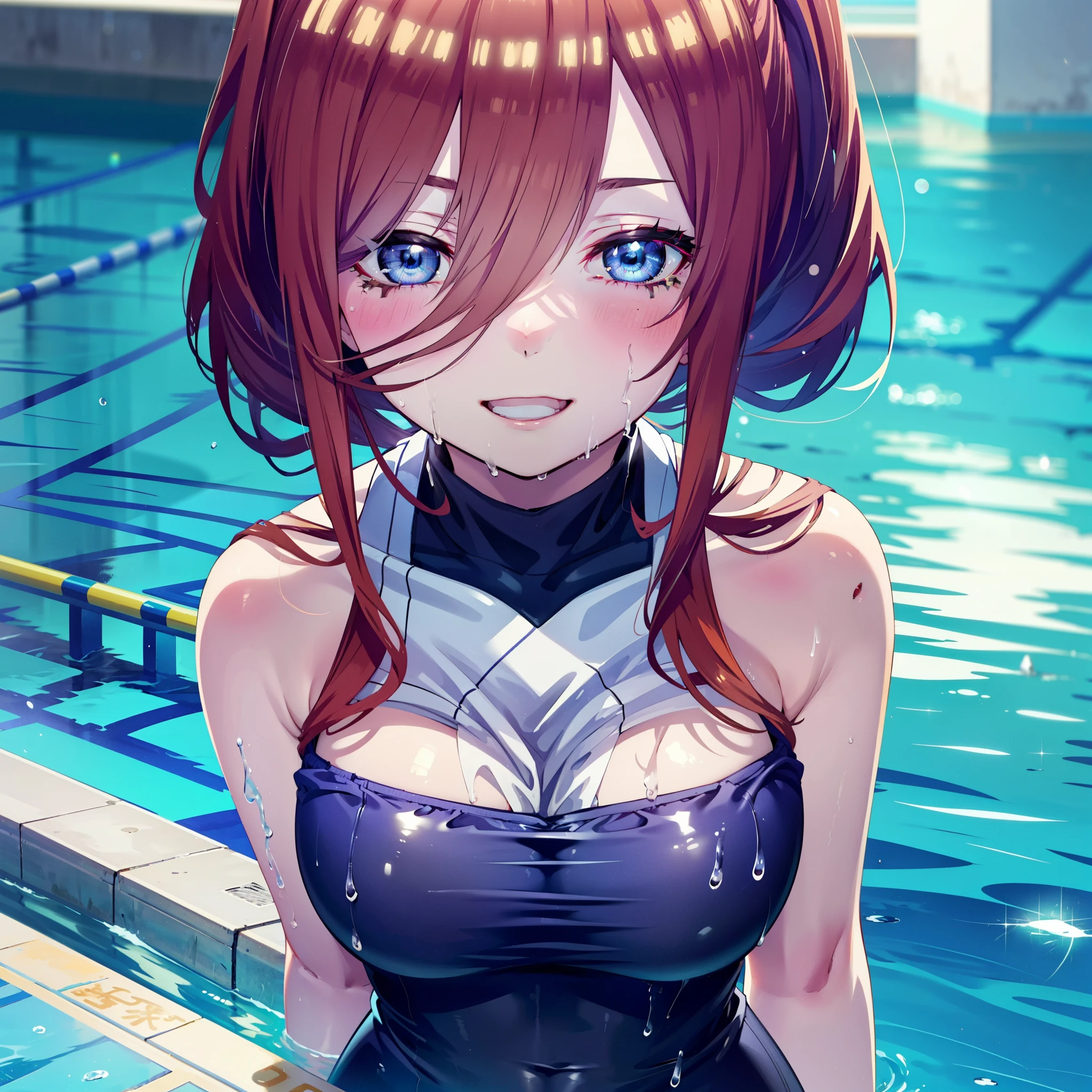 Mikunakano, Miku Nakano, Long Hair, bangs, blue eyes, Brown Hair, shirt, Hair between the eyes,ponytail, smile, happy smile, smile, Open your mouth,Big Breasts,smile,Wet swimsuit,Wet Hair,Wet Skin,whole bodyがイラストに入るように,School Swimsuit,School Swimsuitを着た群衆,student,Clear skies,Daytime,
break outdoors ,School,Outdoor swimming pool,
break looking at viewer, whole body,(Cowboy Shot:1. 5) ,
break (masterpiece:1.2), highest quality, High resolution, unity 8k wallpaper, (shape:0.8), (Beautiful details:1.6), Highly detailed face, Perfect lighting, Highly detailed CG, (Perfect hands, Perfect Anatomy),