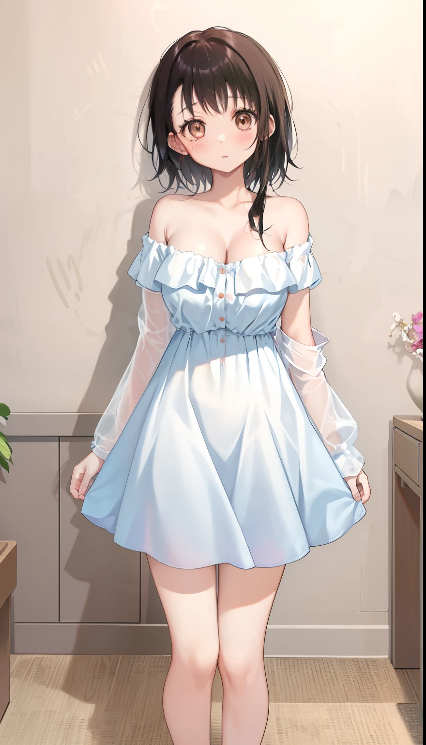 One Girl、positive、Standing posture、Full body portrait、Black Hair、Medium Haircut、blush、Absolute area、No panties、No bra、barefoot、Light blue dress、Off-the-shoulder dress、(Very large breasts)、Cleavage、((Lesbians around the world))、masterpiece、(highest quality)、barefoot、White Sandals 、Shirt buttons fly off、Unbutton your shirt、Exposing the breasts、