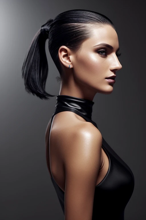 Gorgeous european woman with short hair, short hair in a ponytail wet hair, hair slicked back, combed straight back, slick hair, black gradient hair, wearing a cocktail dress, solid dark grey background