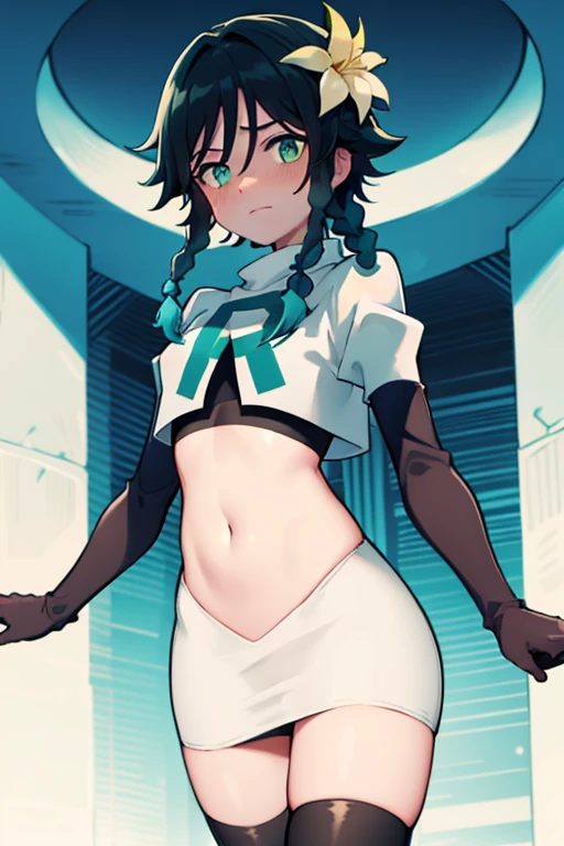 absurdres,venti,1boy, male focus, trap,black hair, green-blue hair, hair braid,hair flower,aqua green eyes,crossdressing,1boy,team rocket,team rocket uniform,white skirt,red letter R,crop top,black thigh-highs,black elbow gloves, cowboy shot,embarrassed, blush