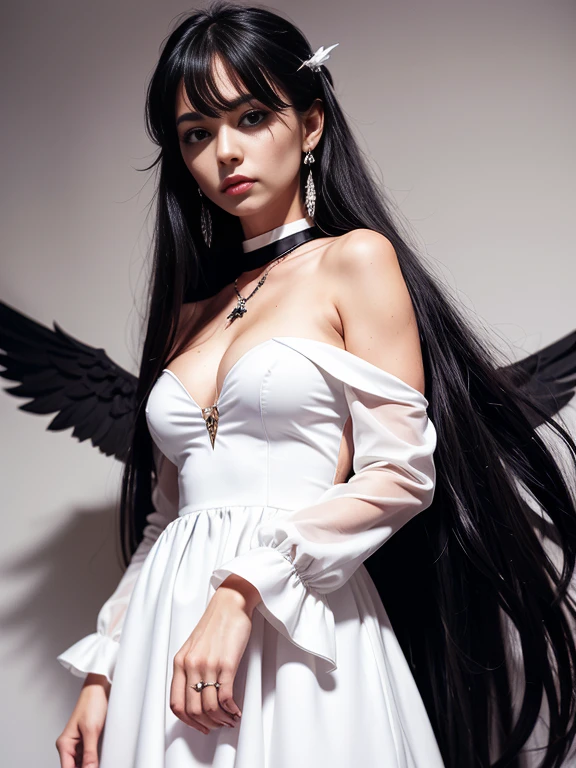 cowboy shot, (black wings:1.2), very long hair, side ponytail, choker, holding, off shoulder, (white dress:1.3), white jacket,halo,
