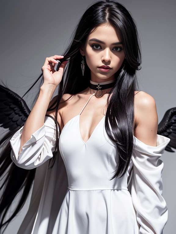 cowboy shot, (black wings:1.2), very long hair, side ponytail, choker, holding, off shoulder, (white dress:1.3), white jacket,halo,