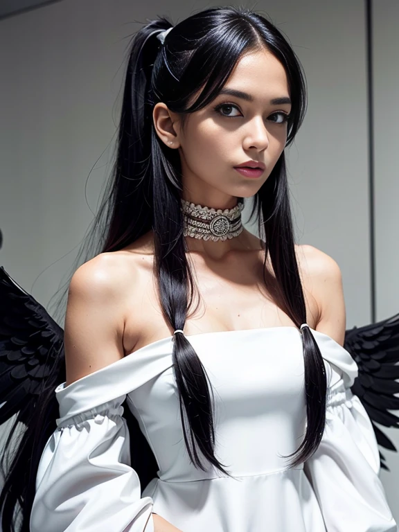 cowboy shot, (black wings:1.2), very long hair, side ponytail, choker, holding, off shoulder, (white dress:1.3), white jacket,halo,