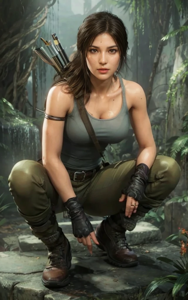 Lara Croft, brown eyes, (best quality, ultra-detailed), (realistic:1.37), beautiful and detailed face, ultra-realistic texture, delicate face, delicate body, red lipstick, bright colors. High definition, 8K