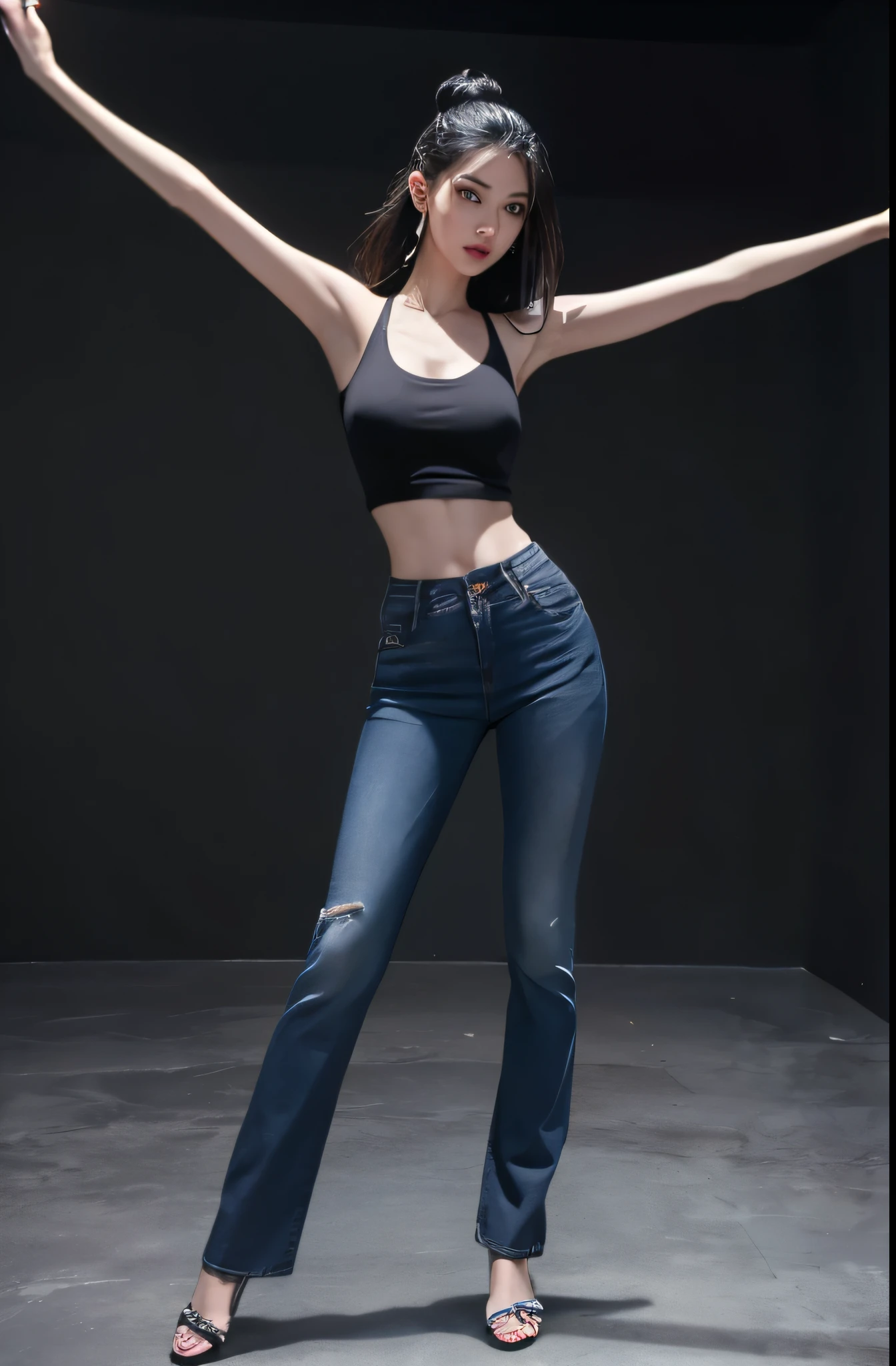 
arafed woman in a black top and jeans dancing in a room, she is dancing. realistic, she is dancing, sensual dancing, as though she is dancing, frantic dancing pose, tall thin beautiful goddess, sexy pose, photo of slim girl model, perfect dynamic body form, blue jeans. unreal 5, standing pose, full body action pose, attractive pose