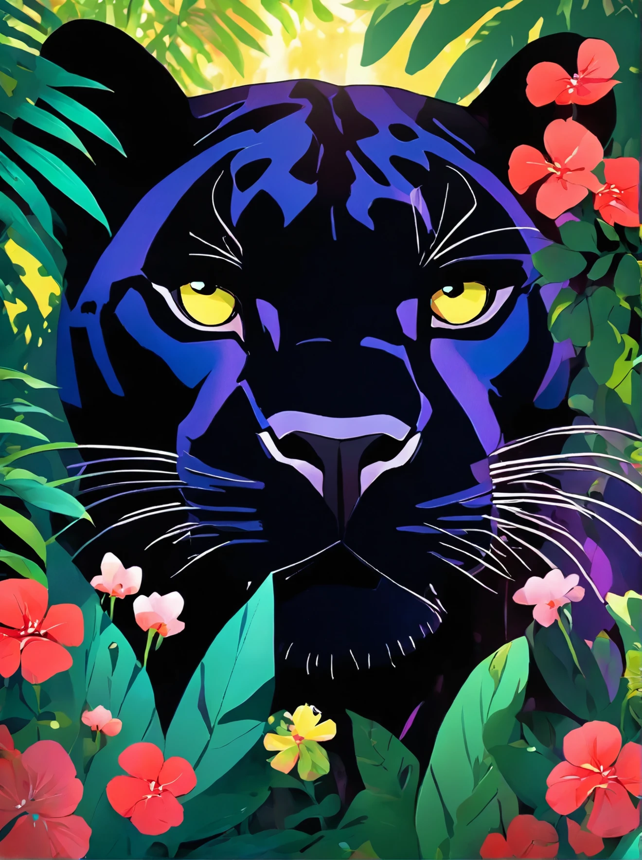 a painting of a black panther in the jungle surrounded by flowers, jen bartel, panther, the smooth black jaguar, the smooth black lioness, detailed beautiful animals, artistic 4 k, 8k high quality detailed art, extremely high quality artwork, by Dahlov Ipcar, black panther, detailed painting 4 k, animal painting, stunning art style, by Wylie Beckert