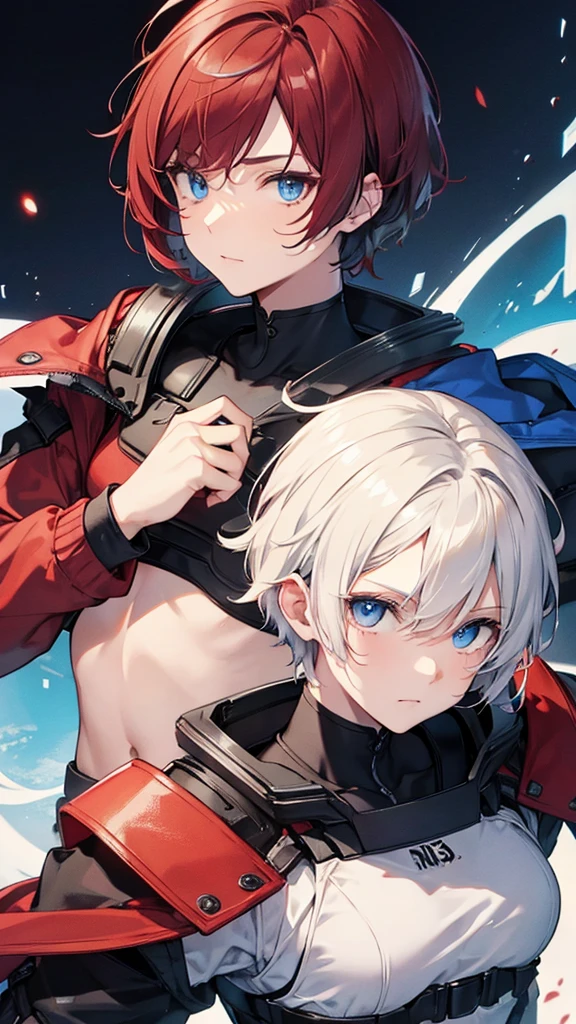 Highest quality　Short hair　Neutral face　male　Red and blue eyes　I don't have anything　kind　15 years old