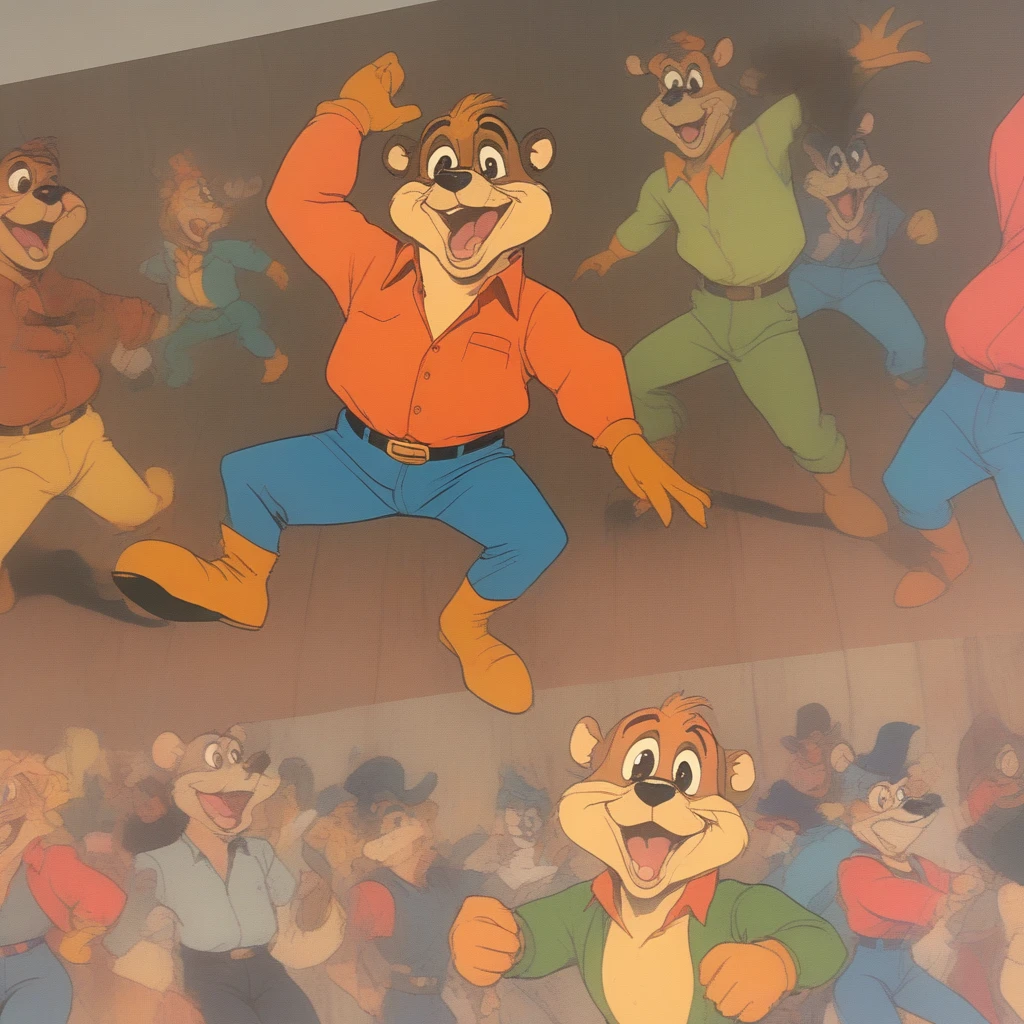 VHS, glitch, distorted, nostalgia, 90's retro vibes, analog tape, vcr aesthetics, tv, television, (Talespin 1990's cartoon homage), comic 1990's, animated tv show screengrab, Talespin cast dancing stanky boogie, cinematic poster, image within image, multiple exposure, massive scale, rich color grading for shading depth, hand drawn rotoscope cartoon realism, chiaroscuro lighting, mixed media, vintage comic, retro original design, 1990's comic, sense of movement energy, taking flight, tropical rot, rewilding, (full roygbiv color) ink charcoal expressive illustration, Talespin aesthetics
