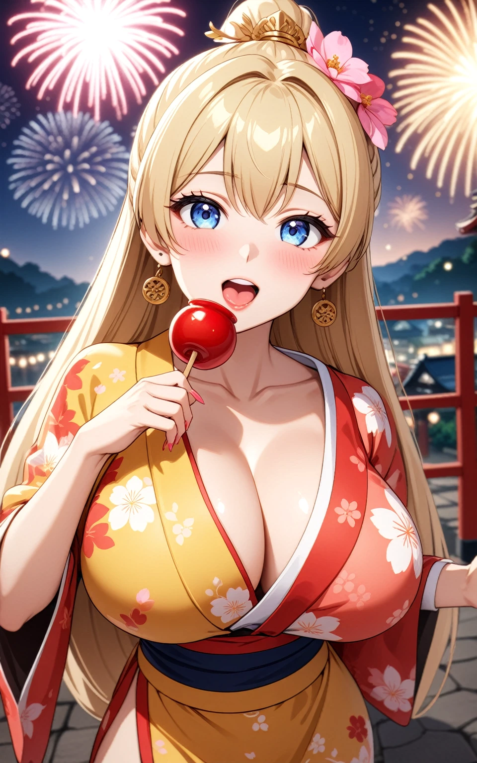 ((one personの女性)), Beautiful Face,Embarrassed and kind expression,Laugh embarrassedly(Taking a selfie while licking a candy apple),Laugh with your mouth open,turn bright red,Glossy pink lips,night,Shrine festival sexpensives,firework, ((Anime style background)),masterpiece, highest quality, so beautiful, Latest, Complex details, (Pink long nails),AI-generated, Complex,High resolution, highest quality, super high quality,3D Images、View your viewers、3D Images,one person,Long Blonde Hair,High Ponytail,blue eyes,Anime woman posing for a photo, [[Fine grain、Colorful eyes、Shining Eyes:1.15]],(Squint your eyes:1.1),a hyperRealistic , hyperRealistic , Realistic,Blonde anime woman with long hair, Smooth anime CG art, A woman in a colorful kimono with gold embroidery, (Yellow kimono),Pink floral pattern,Long flower hair ornament,Big earrings,(Big Breasts:1.2),Mature Body,expensive,Big Ass,Fine details,Tight waist,Abdominal muscles,Photographed from diagonally above,