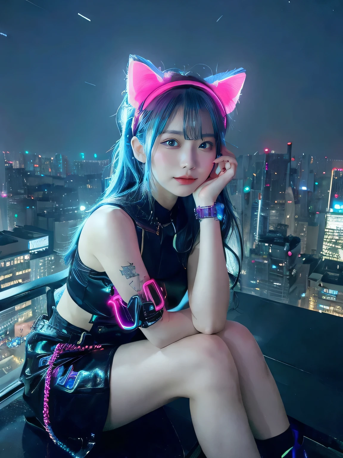 最high quality, masterpiece, 32k、Very detailed、Realistic、1 girl, Japanese women、Cute Face, (photo Actual:1.3), Edge lighting, (Skin with attention to detail:1.2), 8k超High resolution, Single-lens reflex camera, high quality, High resolution, 4K, 8k, Optimal ratio of four fingers to one thumb, (Actual:1.3), Blue Neon Cat Ear Headband、cute 1 girl, Blue Hair Styles、Realistic、Super Realistic、32k、Very detailed、masterpiece, 最high quality, beautiful girl, beauty、Small breasts, Mecha, Beautiful lighting, (Neon Light:1.2), (night:1.5), Blue Cyberpunk Costume、Sitting,Cyber Neon、Future City、Skyscraper、City night、Shanghai、Big cities、night scene、Beautiful night scene