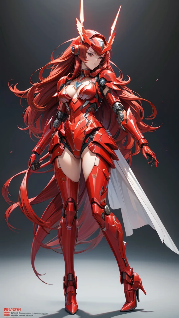 Long red hair,Mecha,Large female robot , Red full body sci-fi fluorescent armor,helmet ,Chest,Female body,Mechanical joints,wing,iron skirt,thigh, High heel, Standing,front,City(masterpiece, best quality, high quality, high resolution, Very detailed(Delicate face:1.2),