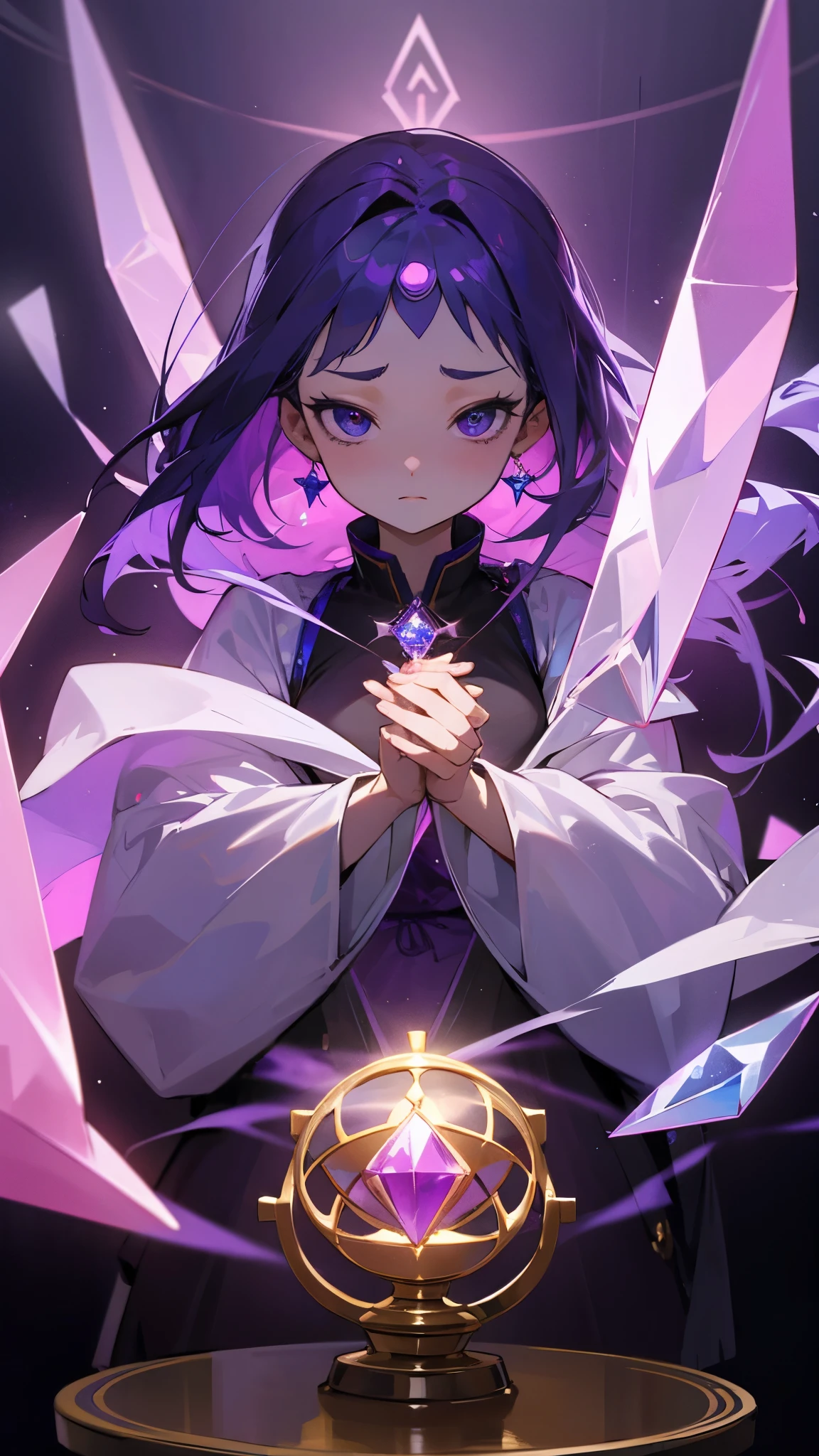 Female fortune teller、Round face、Put a crystal on your desk and enjoy a slightly mysterious atmosphere in a spiritual space.、Purple atmosphere room