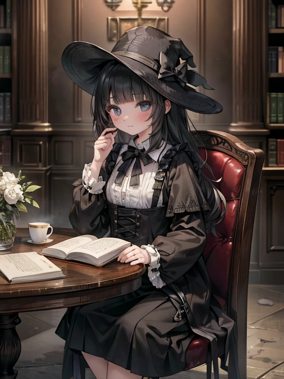 masterpiece, highest quality, Very detailed, 16k, Ultra-high resolution, Cowboy Shot, Detailed face, Perfect Fingers, A ****************, black eye, Black Hair, Wavy Hair, Black maid outfit, Luxurious Western-style building, Bookshelf, Table seating, Chair, Tea making facilities, I read a book, Bloodborne 