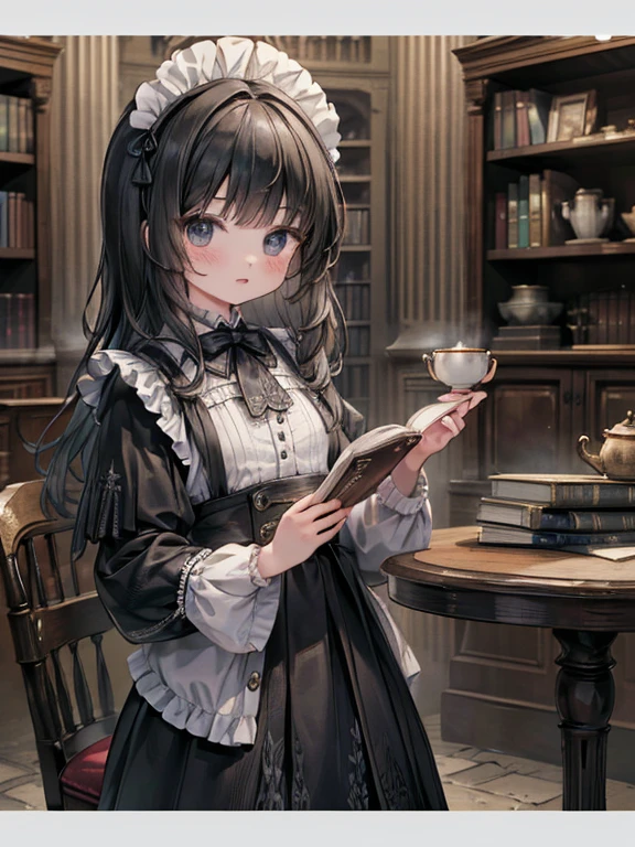 masterpiece, highest quality, Very detailed, 16k, Ultra-high resolution, Cowboy Shot, Detailed face, Perfect Fingers, A 14-year-old girl, black eye, Black Hair, Wavy Hair, Black maid outfit, Luxurious Western-style building, Bookshelf, Table seating, Chair, Tea making facilities, I read a book, Bloodborne