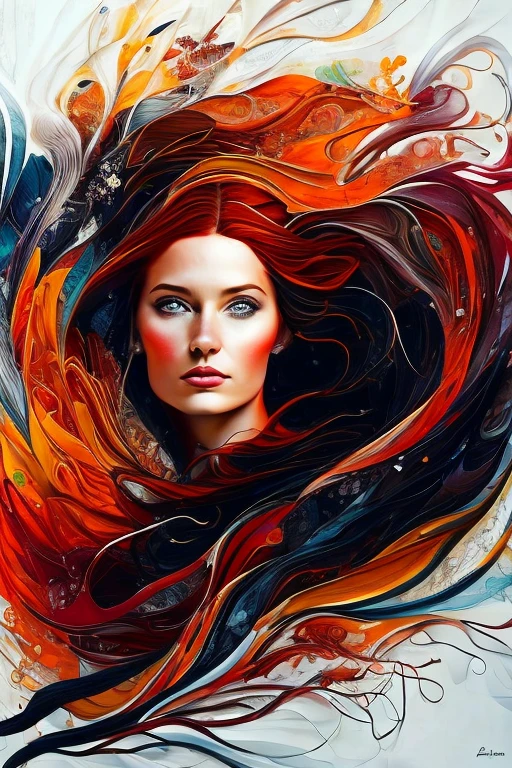 A captivating artwork featuring a woman with dark auburn hair, depicted in an abstract style reminiscent of the autumn season. The painting, rendered in mixed media, is a symphony of dark autumnal colors that evoke a sense of mystery and introspection. Her hair, cascading in waves, is a focal point, adding an element of movement to the static canvas. The woman appears lost in thought, her expression a blend of contemplation and melancholy. The abstract background, a swirl of dark autumnal hues, seems to envelop her, suggesting a sense of isolation or introspection. This masterpiece, with its intricate details and deep, fluid brushstrokes, is