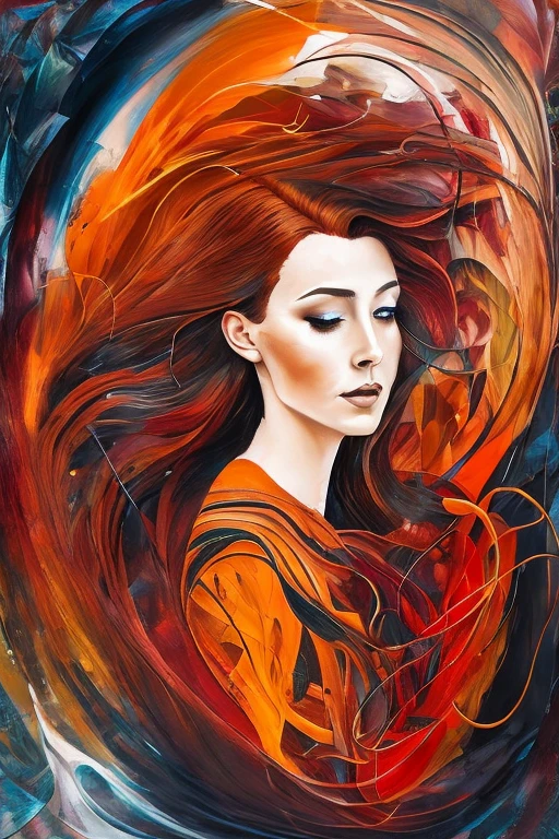 A captivating artwork featuring a woman with dark auburn hair, depicted in an abstract style reminiscent of the autumn season. The painting, rendered in mixed media, is a symphony of dark autumnal colors that evoke a sense of mystery and introspection. Her hair, cascading in waves, is a focal point, adding an element of movement to the static canvas. The woman appears lost in thought, her expression a blend of contemplation and melancholy. The abstract background, a swirl of dark autumnal hues, seems to envelop her, suggesting a sense of isolation or introspection. This masterpiece, with its intricate details and deep, fluid brushstrokes, is