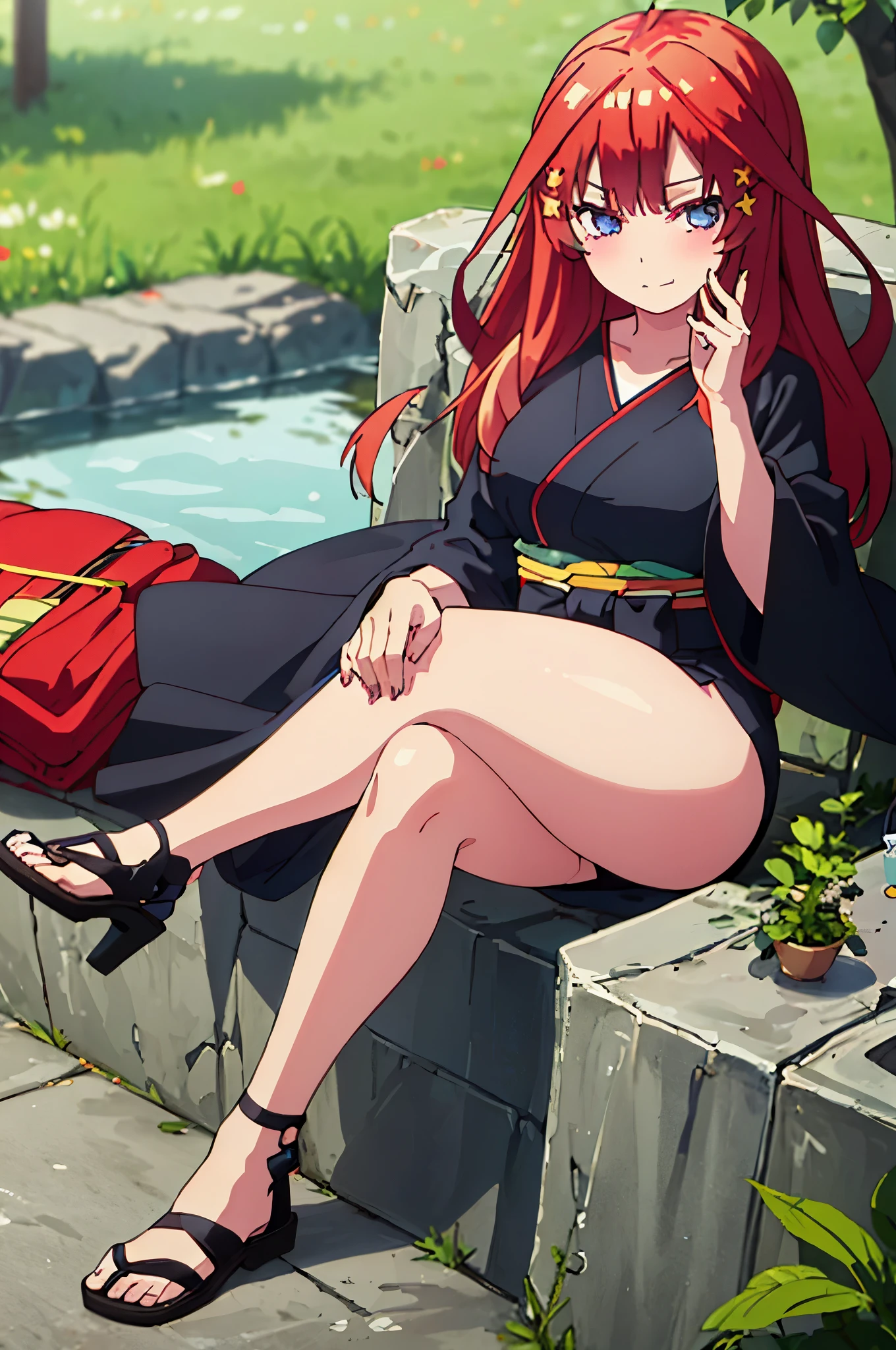 (Masterpiece, Best Quality:1.2), solo, 1girl, Itsuki  ,unamused, closed mouth, looking a viewer, hand on our face, sitting, Short black kimono ,big thighs,crossed legs