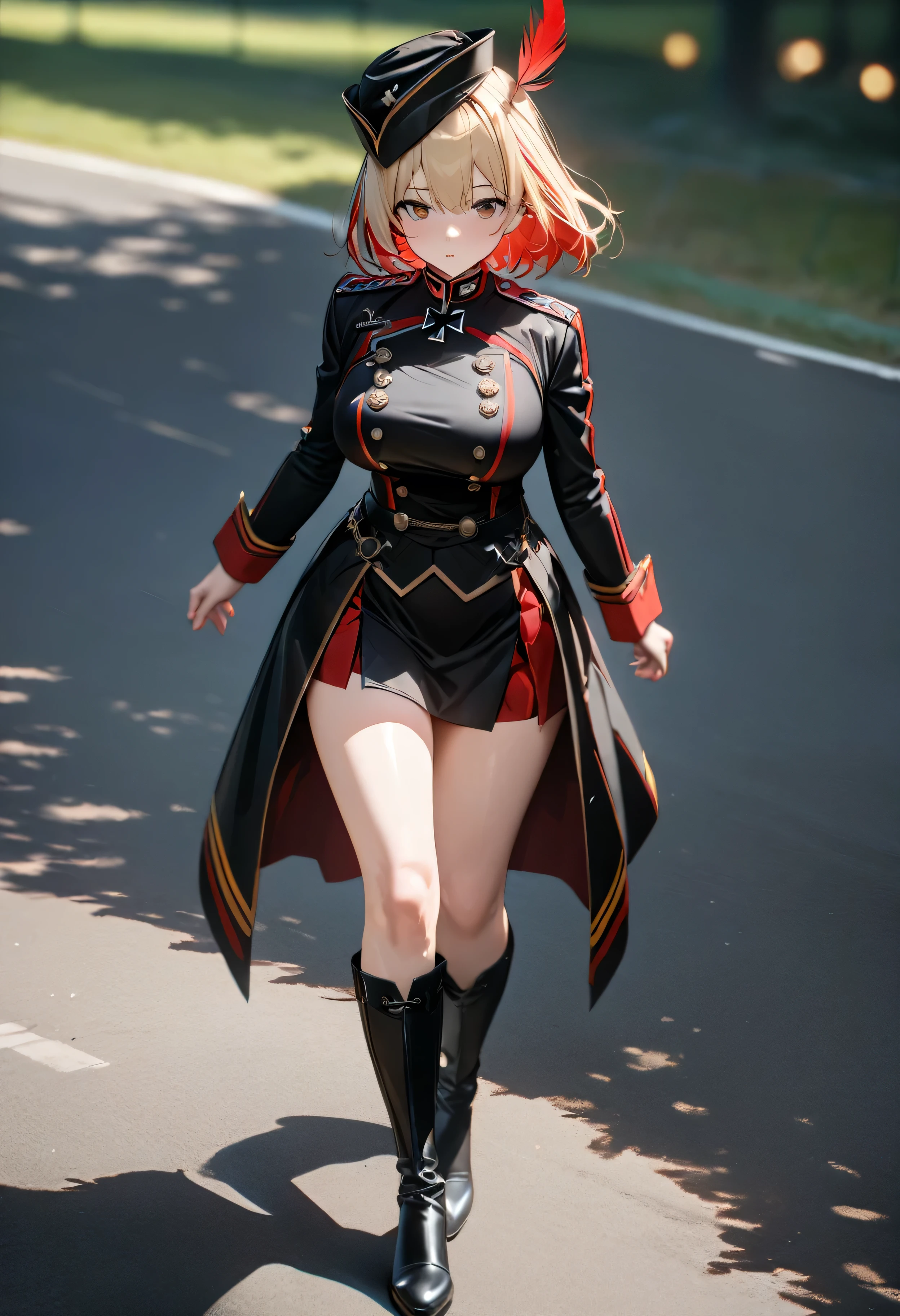 A woman wearing a black martial band uniform with red details, iron cross symbol on the uniform, short black skirt, black metal boots, black martial band hat with a large red feather, large breasts, short blonde hair, red bangs, multicolored hair, brown eyes, walking on the traditional German track with martial dante gait, full body.shadow, flower, UHD, masterpiece, accurate, anatomically correct, textured skin, super detail, high quality, best quality, 8k, high resolution, bokeh effect.(woman solo)
