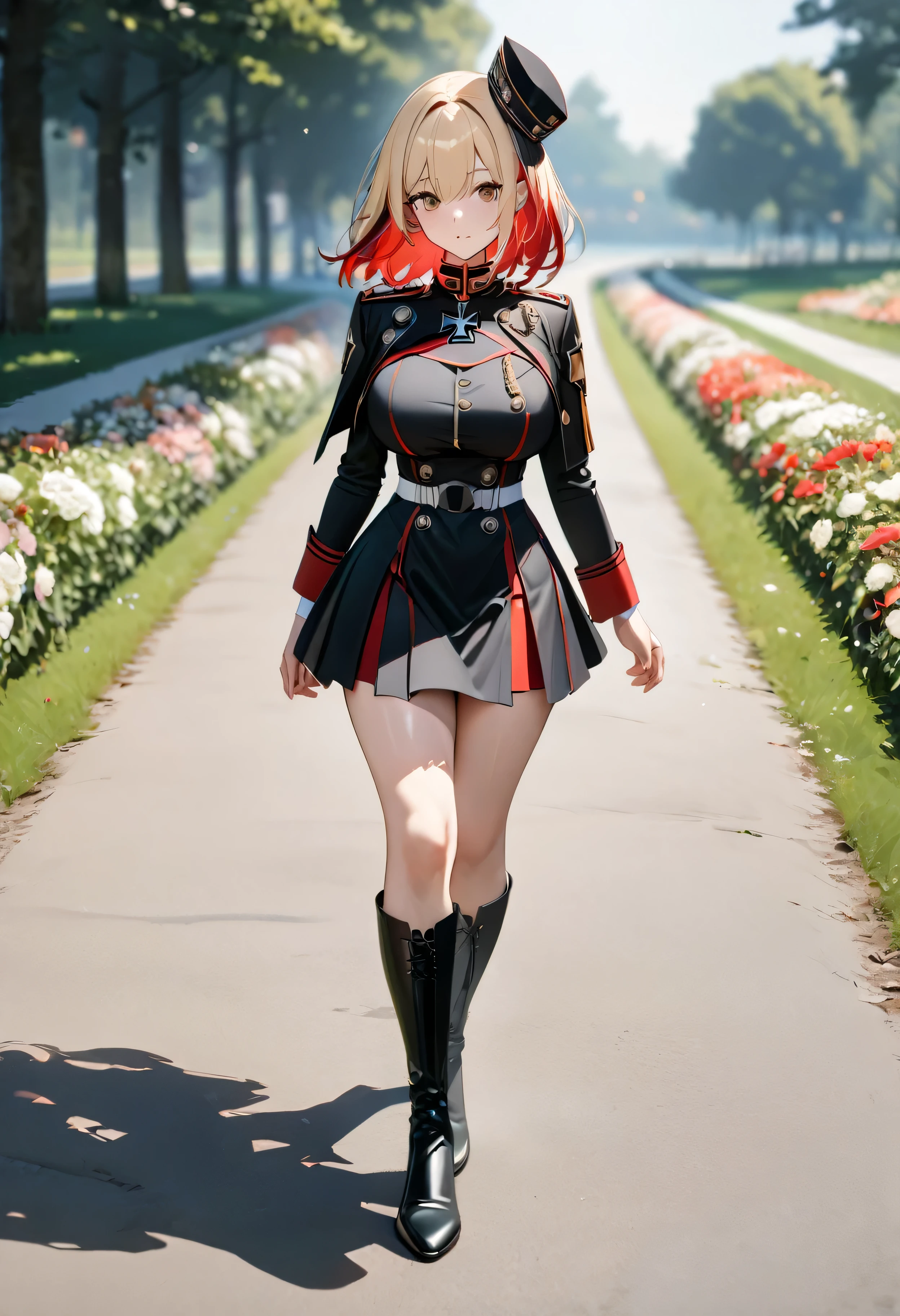 A woman wearing a black martial band uniform with red details, iron cross symbol on the uniform, short black skirt, black metal boots, black martial band hat with a large red feather, large breasts, short blonde hair, red bangs, multicolored hair, brown eyes, walking on the traditional German track with martial dante gait, full body.shadow, flower, UHD, masterpiece, accurate, anatomically correct, textured skin, super detail, high quality, best quality, 8k, high resolution, bokeh effect.(woman solo)
