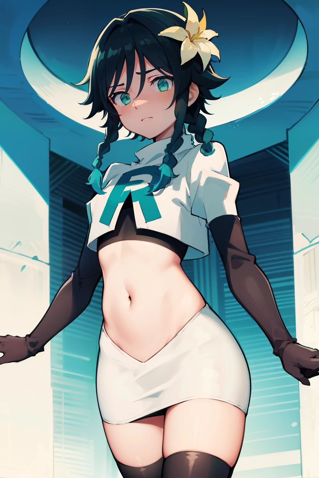 absurdres,venti,1boy, male focus, trap,black hair, green-blue hair, hair braid,hair flower,aqua green eyes,crossdressing,1boy,team rocket,team rocket uniform,white skirt,red letter R,crop top,black thigh-highs,black elbow gloves, cowboy shot,embarrassed, blush