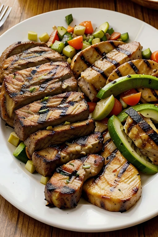 A plate of food with meat, vegetables and grilled insects