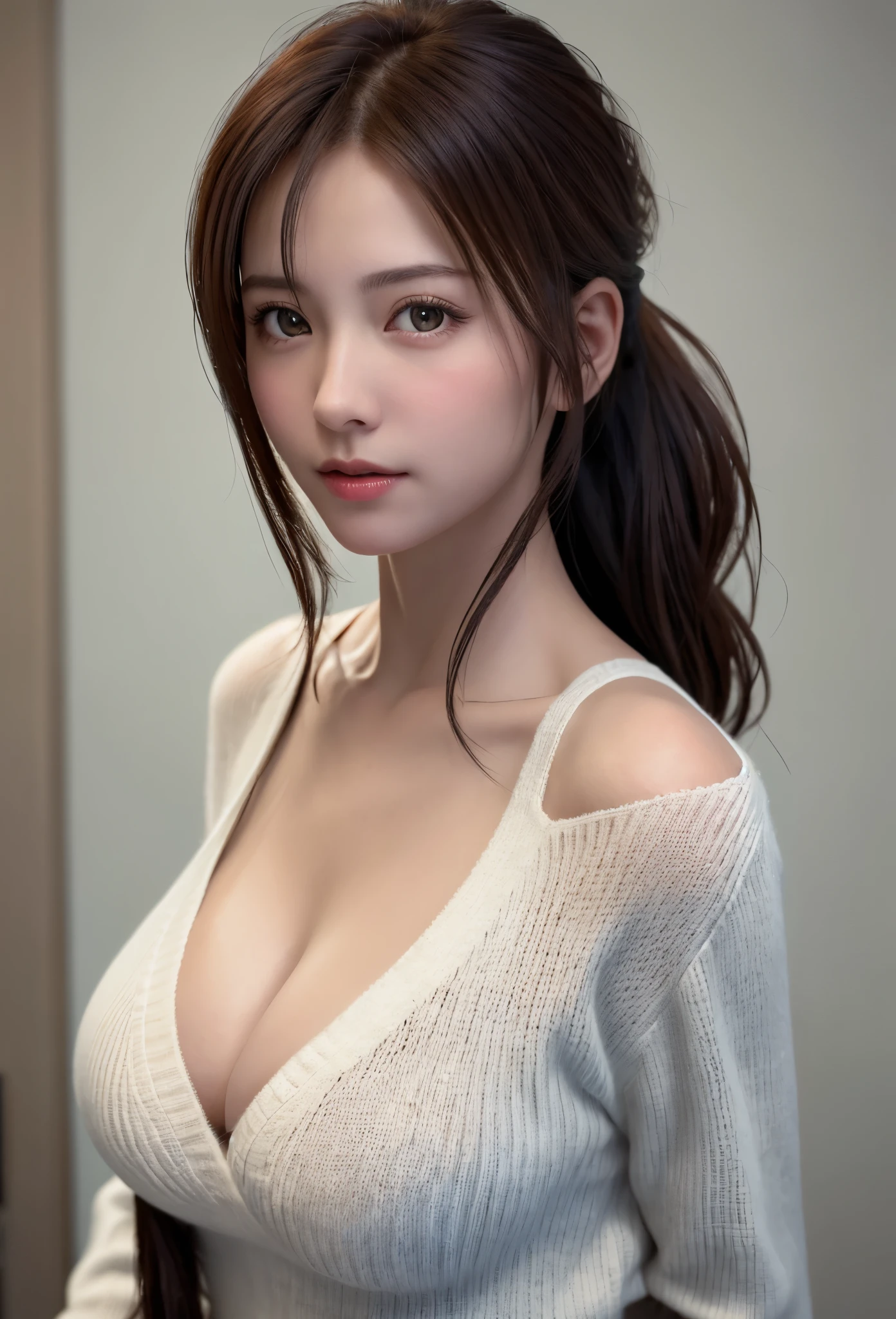 8K, of the highest quality, masutepiece:1.2), (Realistic, Photorealsitic:1.37), of the highest quality, masutepiece, Beautiful young woman, Pensive expression,、A charming、and an inviting look, Oversized knitwear、cleavage of the breast, Hair tied back, Cinematic background, Light skin tone