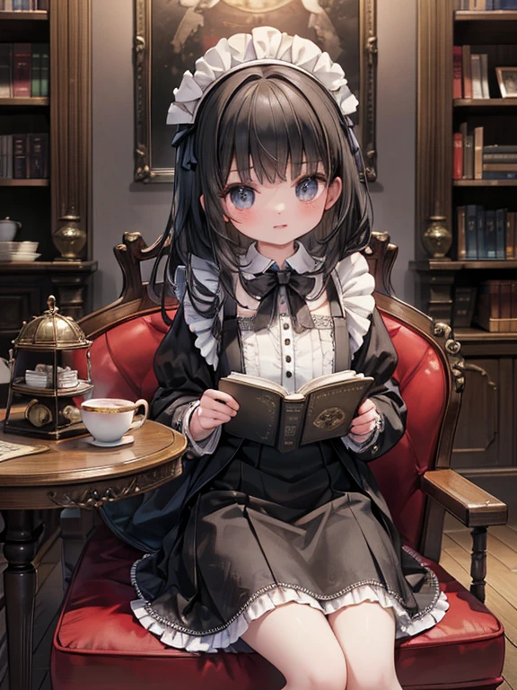 masterpiece, highest quality, Very detailed, 16k, Ultra-high resolution, Cowboy Shot, Detailed face, Perfect Fingers, A 14-year-old girl, black eye, Black Hair, Wavy Hair, Black maid outfit, Luxurious Western-style building, Bookshelf, Table seating, Chair, Tea making facilities, I read a book, Bloodborne 