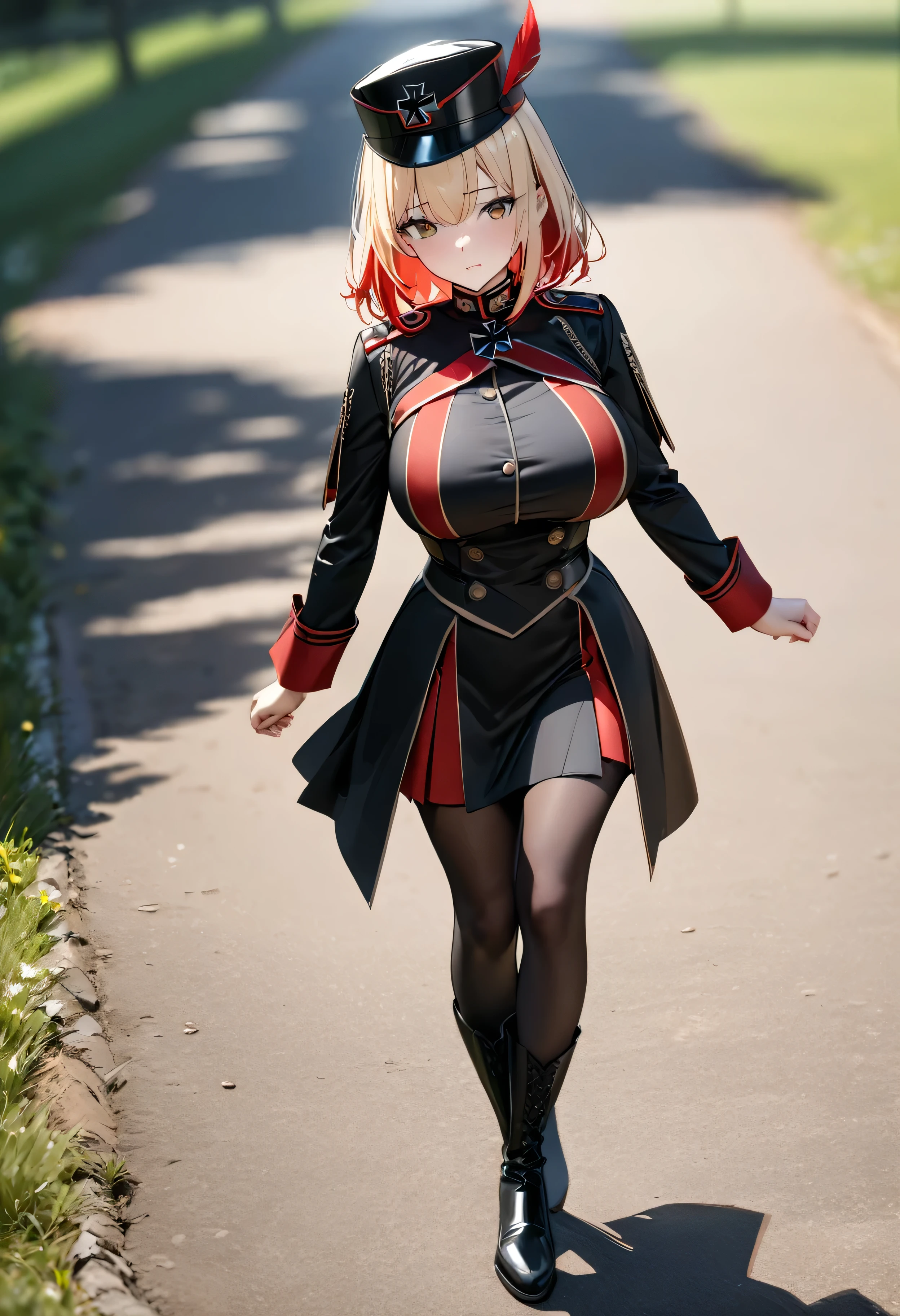 A woman wearing a black martial band uniform with red details, iron cross symbol on the uniform, short black skirt, black metal boots, black martial band hat with a large red feather, large breasts, short blonde hair, red bangs, multicolored hair, brown eyes, walking on the traditional German track with martial dante gait, full body.shadow, flower, UHD, masterpiece, accurate, anatomically correct, textured skin, super detail, high quality, best quality, 8k, high resolution, bokeh effect.(woman solo)
