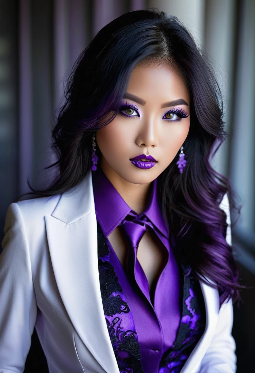Sublime very sexy Asian woman, Detailed lips, detailed eyes, detailed eyelash, detailed face, sublime and detailed body, long cheveux violet, visage de séduction, ((violet make-up)), photo du milieu du corps, ((porter un costume)),(( Une cravate violette, photo noir et blanc et violet, only black and white and purple photo)), (((photo noir et blanc et violet : 2.0, only black and white and purple photo :2.0, purple only on iris and make-up and hair, b/w, b&w)))