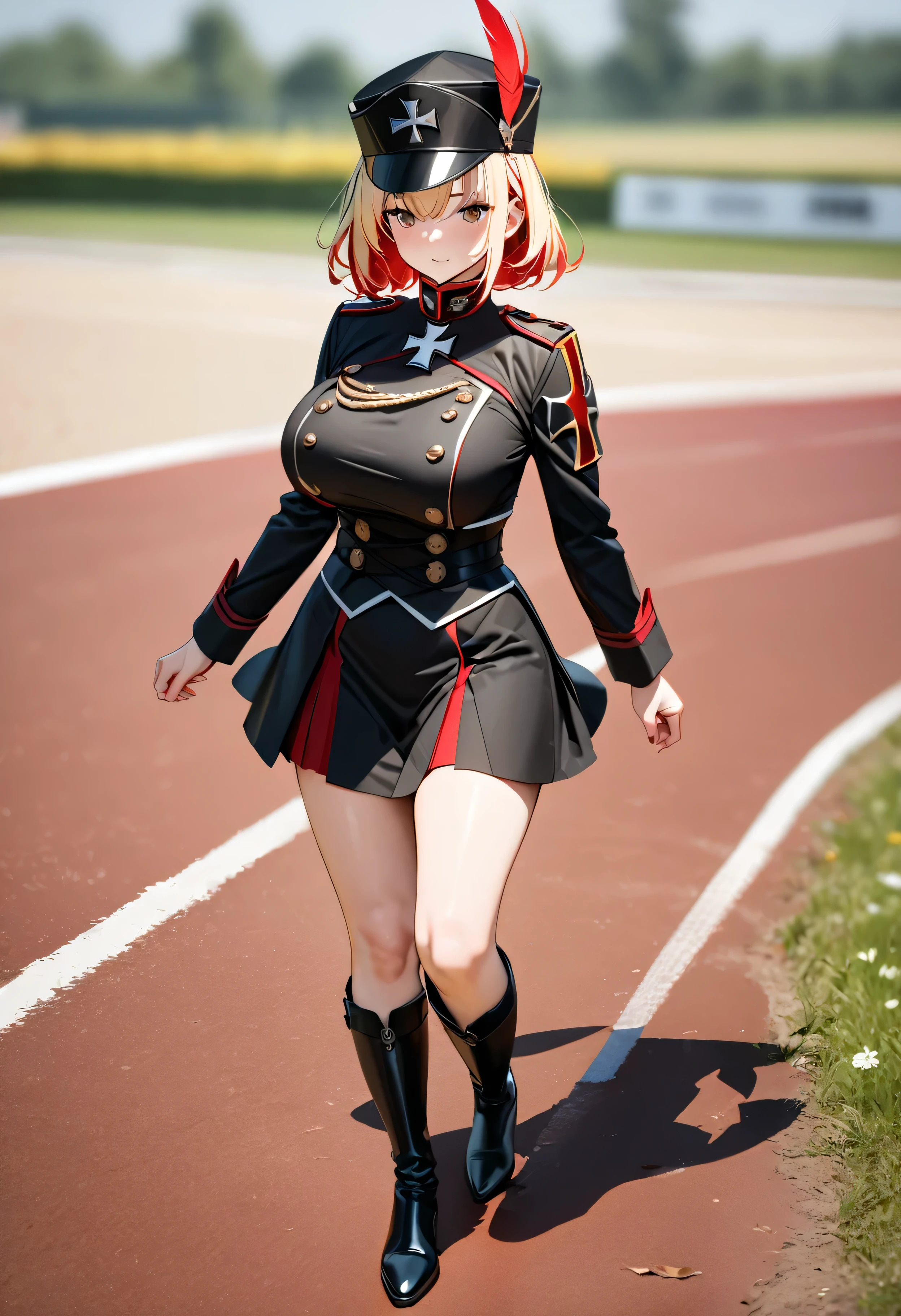 A woman wearing a black martial band uniform with red details, iron cross symbol on the uniform, short black skirt, black metal boots, black martial band hat with a large red feather, large breasts, short blonde hair, red bangs, multicolored hair, brown eyes, walking on the traditional German track with martial dante gait, full body.shadow, flower, UHD, masterpiece, accurate, anatomically correct, textured skin, super detail, high quality, best quality, 8k, high resolution, bokeh effect.(woman solo)
