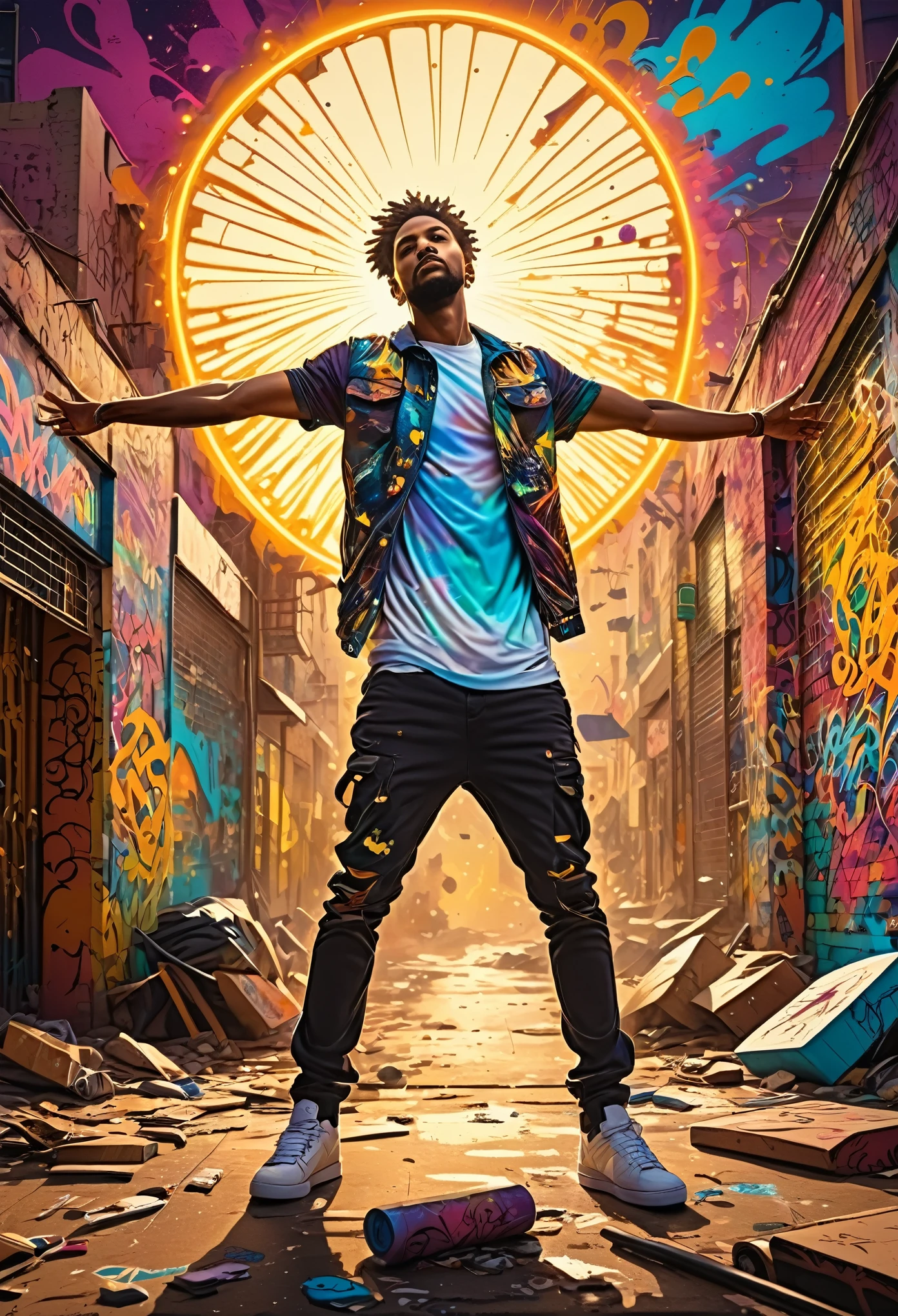 A captivating, cinematic illustration featuring a dynamic figure, arms outstretched, standing amidst a swirling vortex of vibrant colors and graffiti-inspired designs. The figure, bathed in a golden light, has an intense expression as they prepare to be taken away from the chaotic scene. The background is an explosion of colors and patterns, with the faint outline of a city skyline visible. The overall atmosphere is intense and surreal, evoking a sense of anticipation and adventure., graffiti, cinematic, poster, vibrant, illustration

