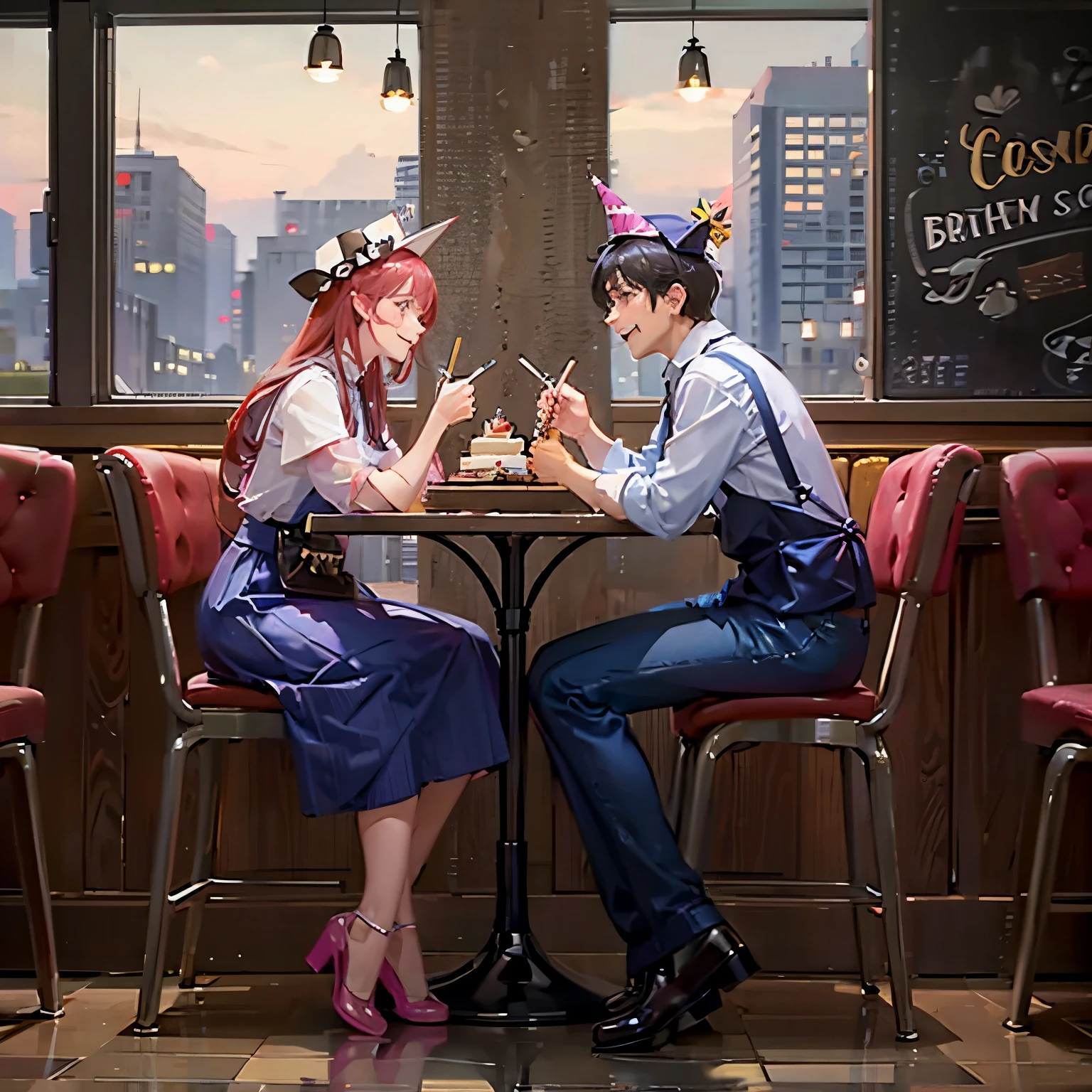 couple on a date at a cafe eating cake and wearing birthday party hats